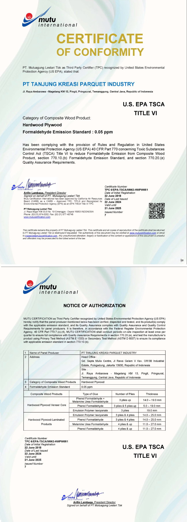 Mutu Certificate US EPA